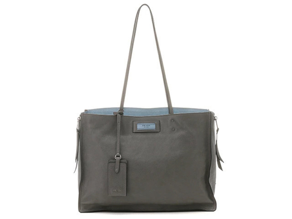 Prada Bag Shoulder Tote Etiquette Calfskin Gray Blue